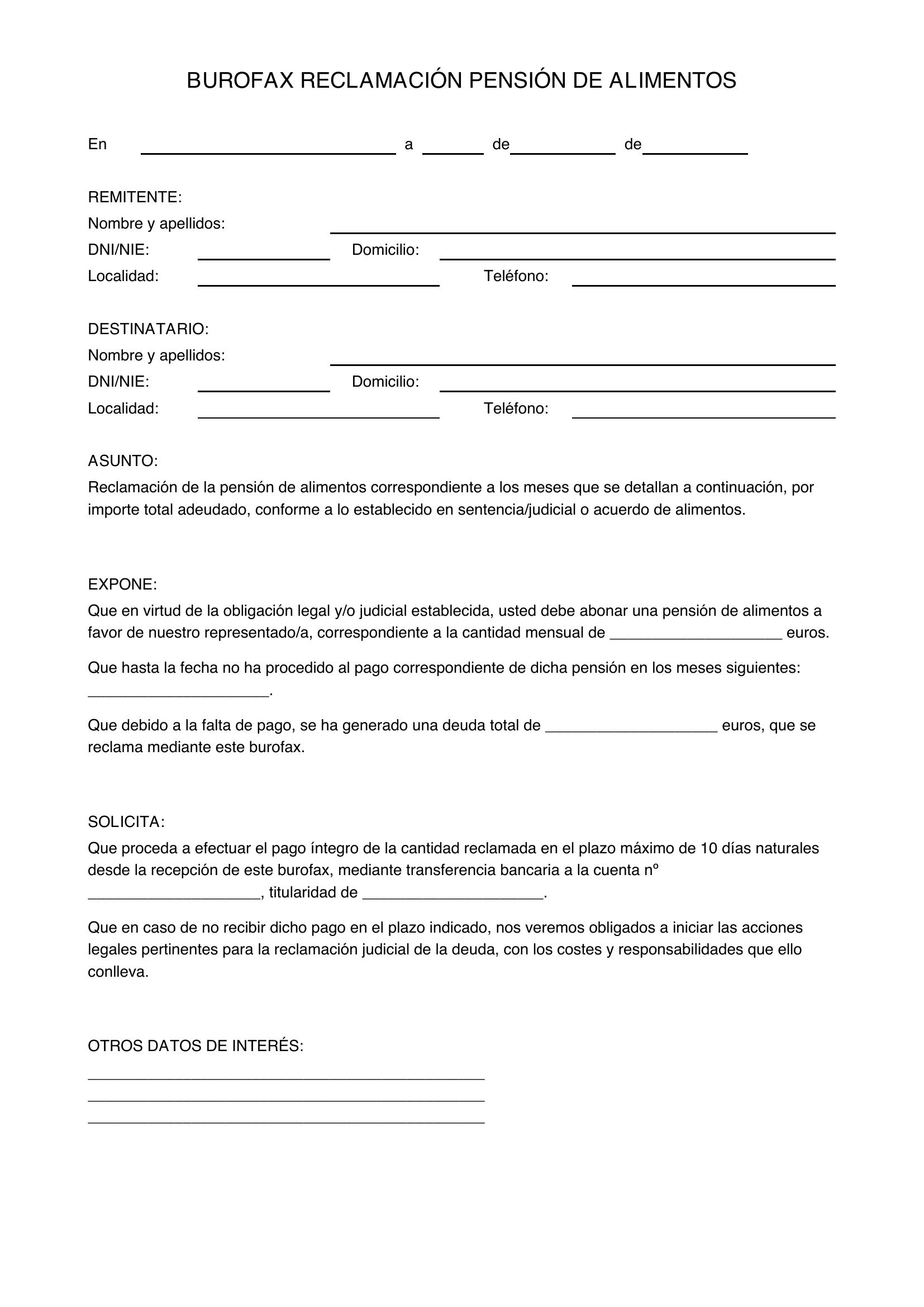 Modelo Burofax Reclamación Pensión Alimentos