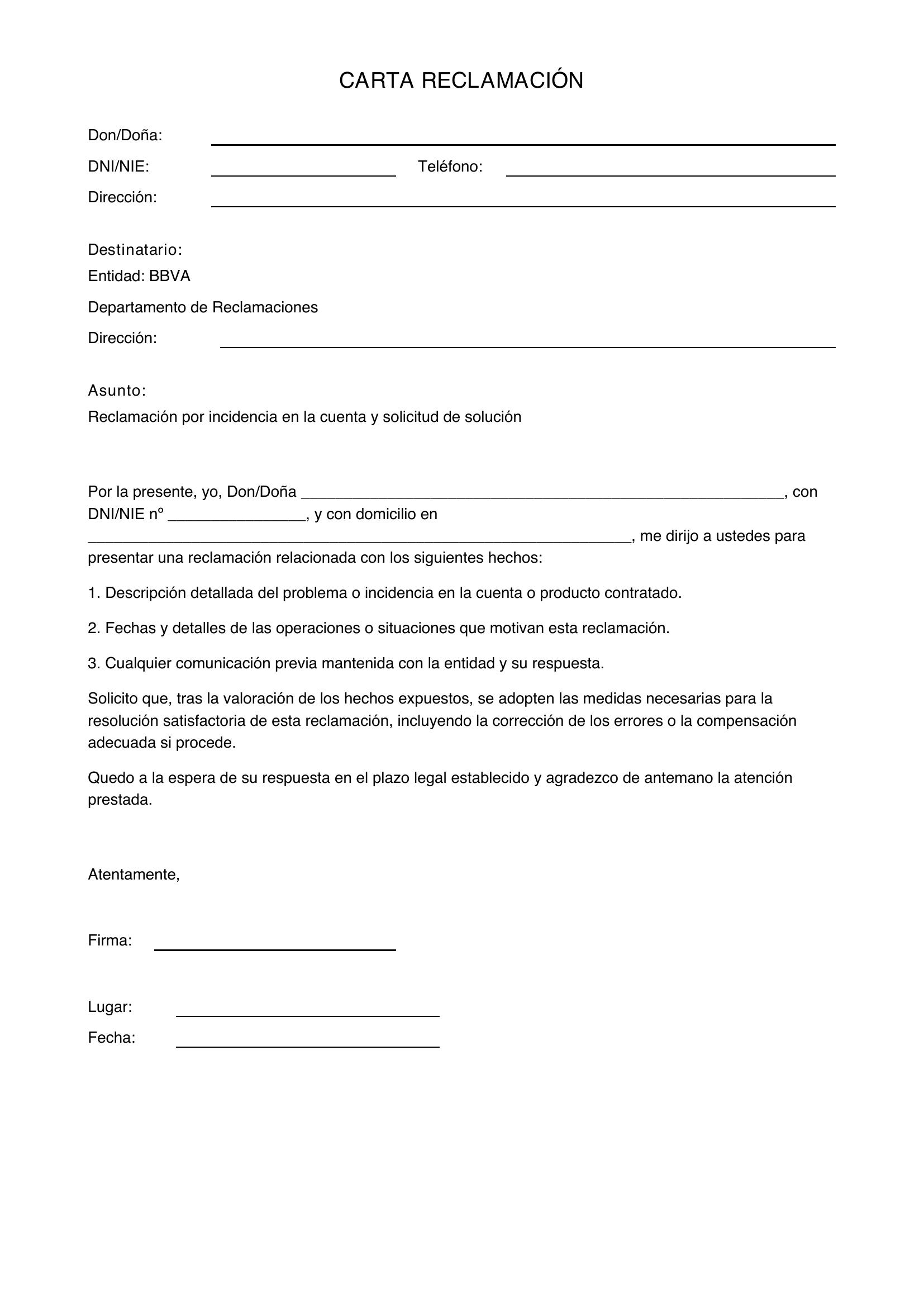 Modelo Carta Reclamación Bbva