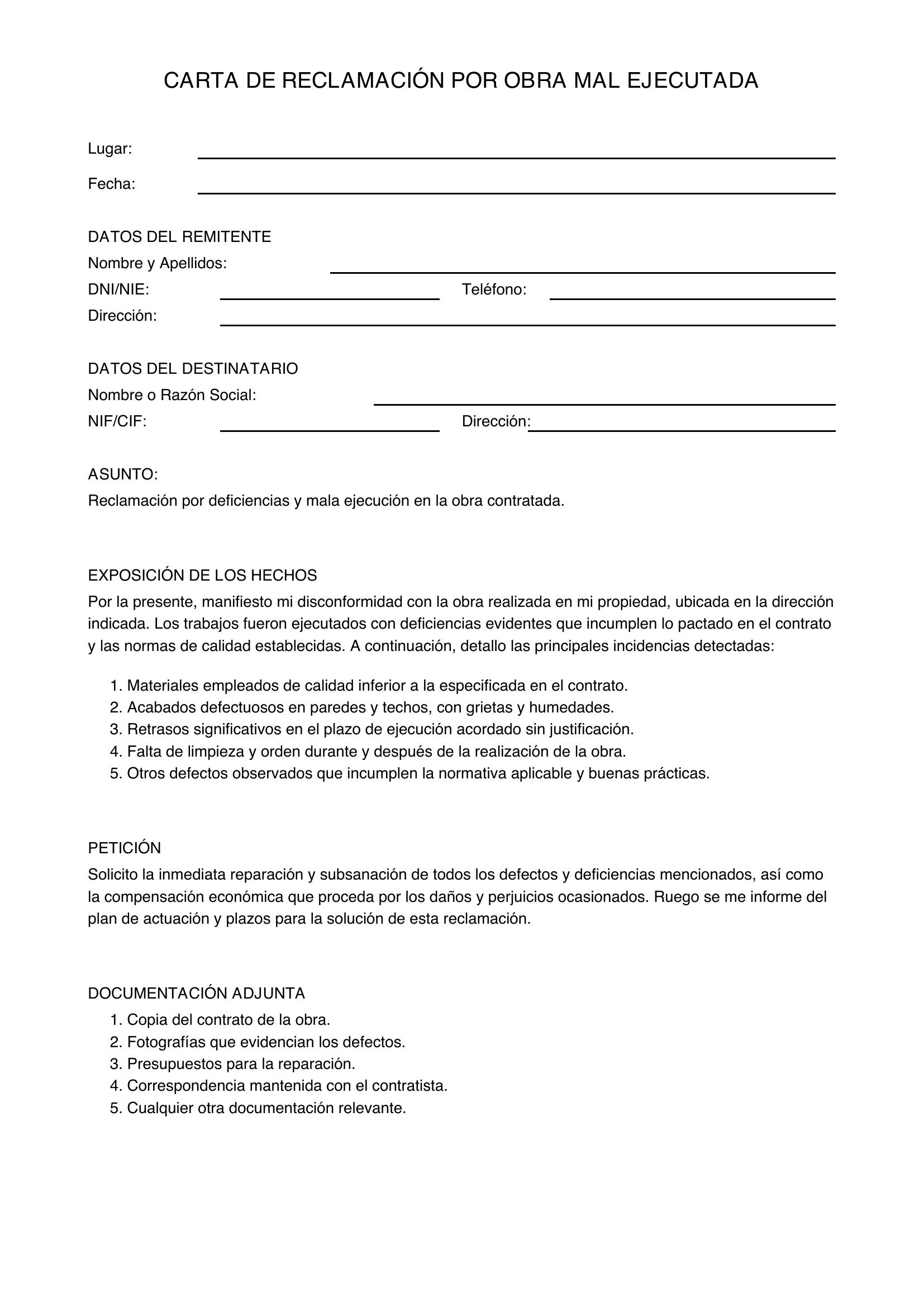 Modelo Carta Reclamación Obra Mal Ejecutada