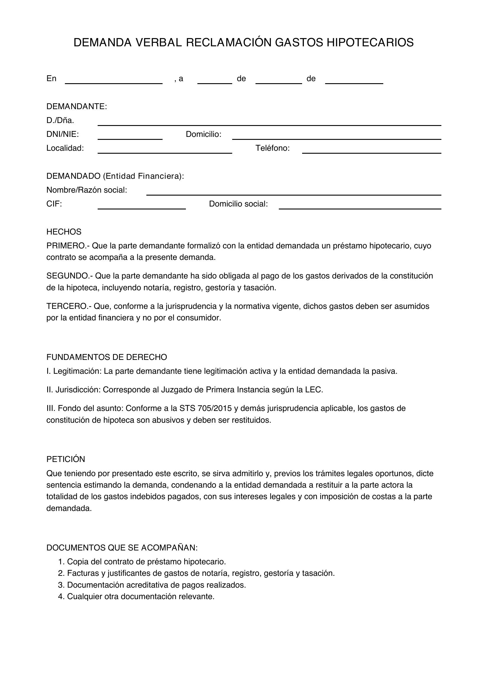 Modelo Demanda Verbal Reclamación Gastos Hipotecarios