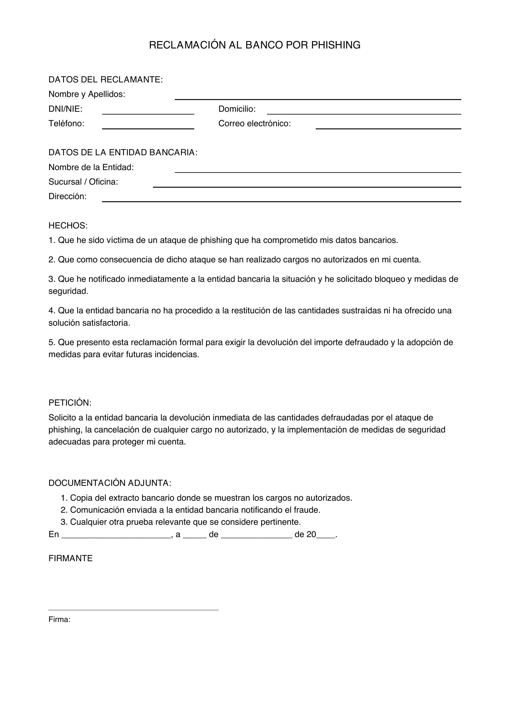 Modelo Reclamación Al Banco Por Phishing