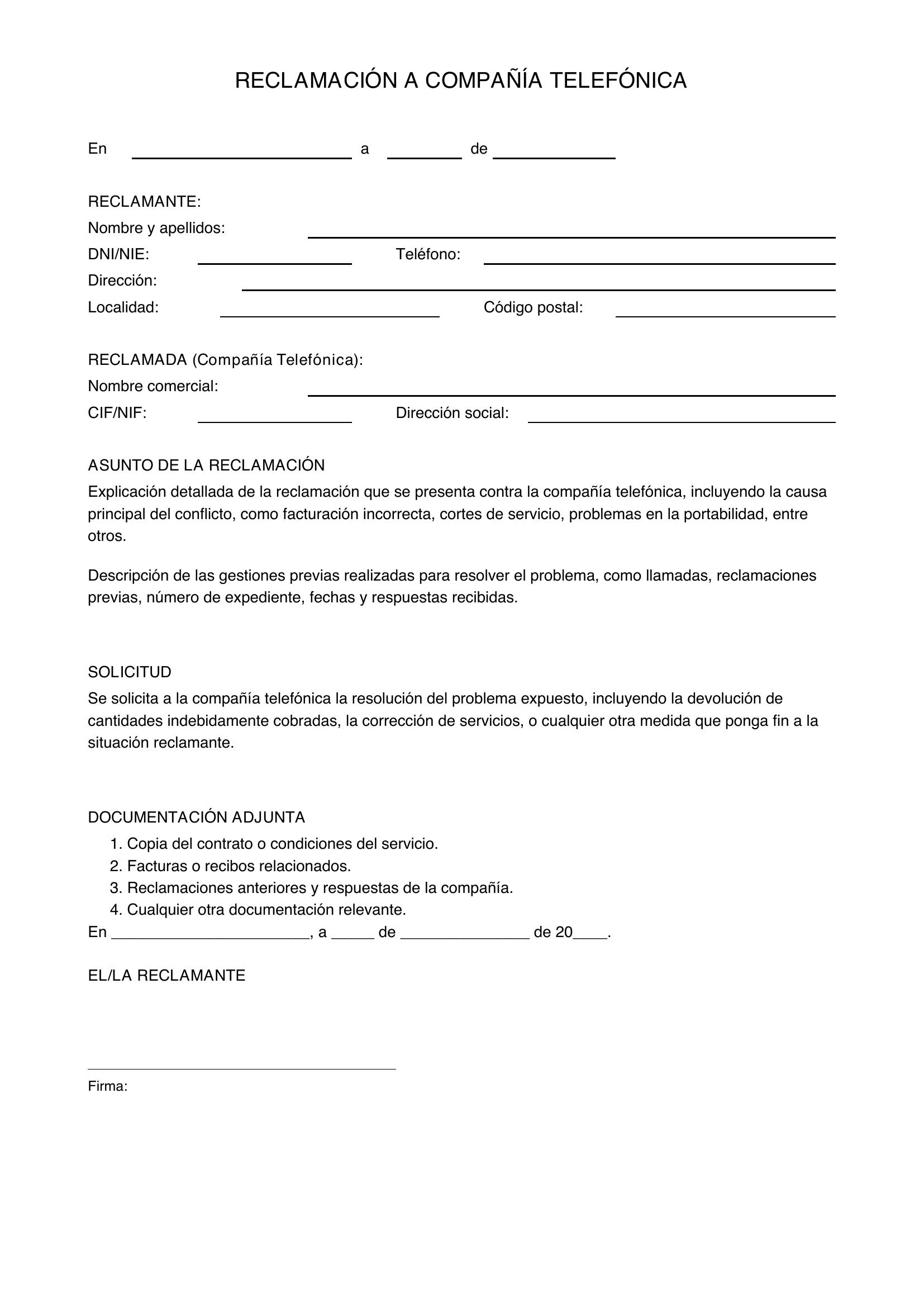 Modelo Reclamación Compañía Telefónica