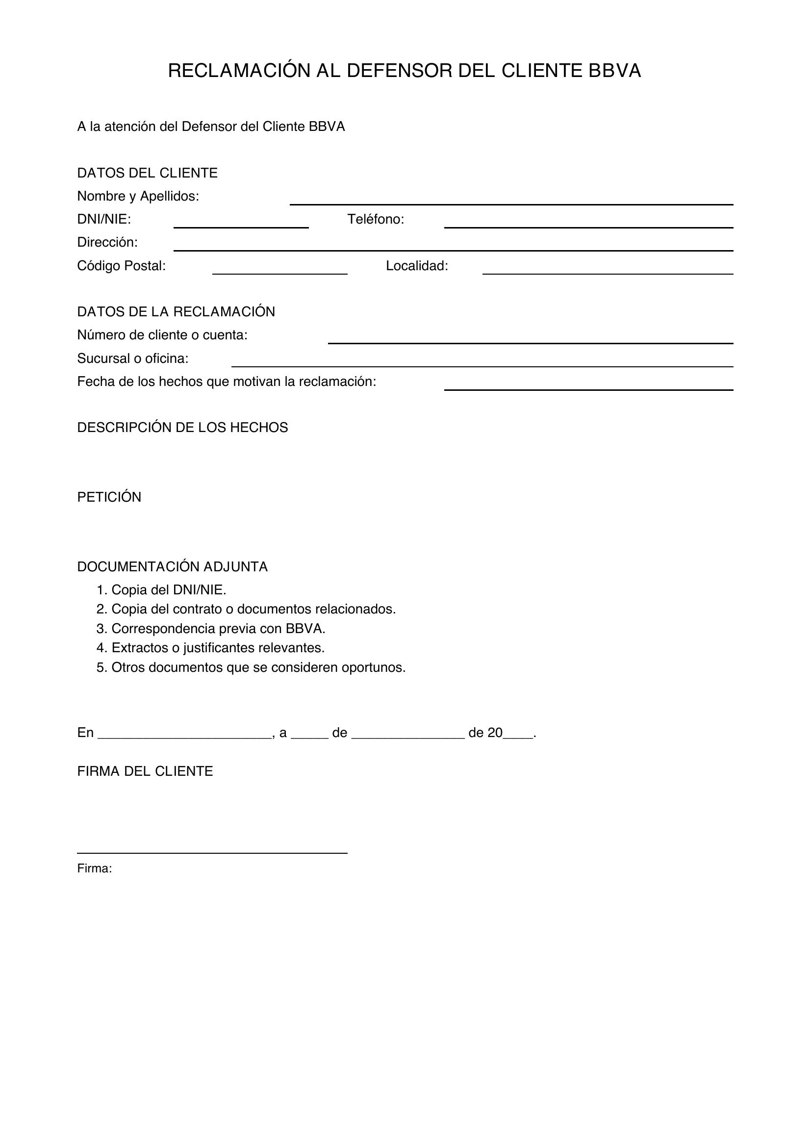 Modelo Reclamación Defensor Del Cliente Bbva