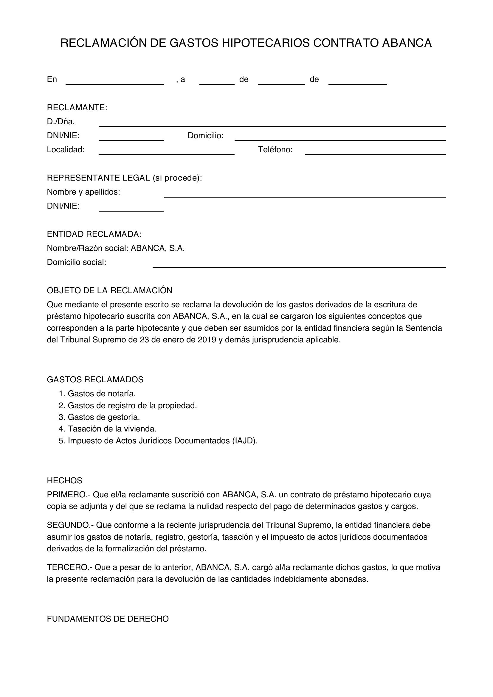 Modelo Reclamación Gastos Hipoteca Abanca