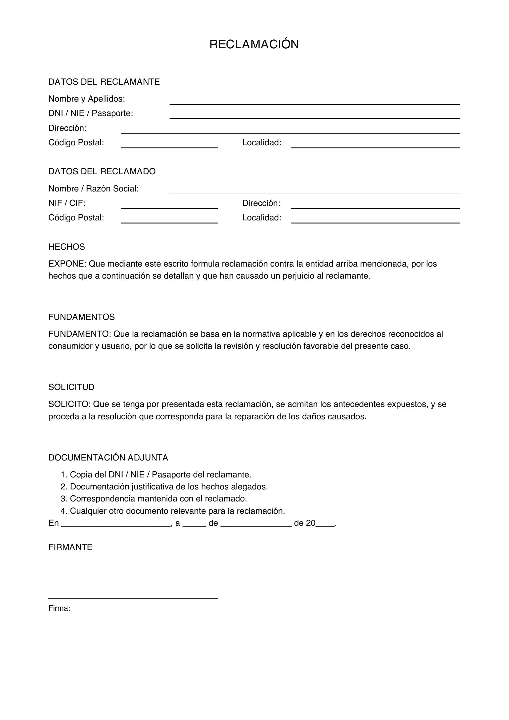 Modelo De Reclamación Genérica