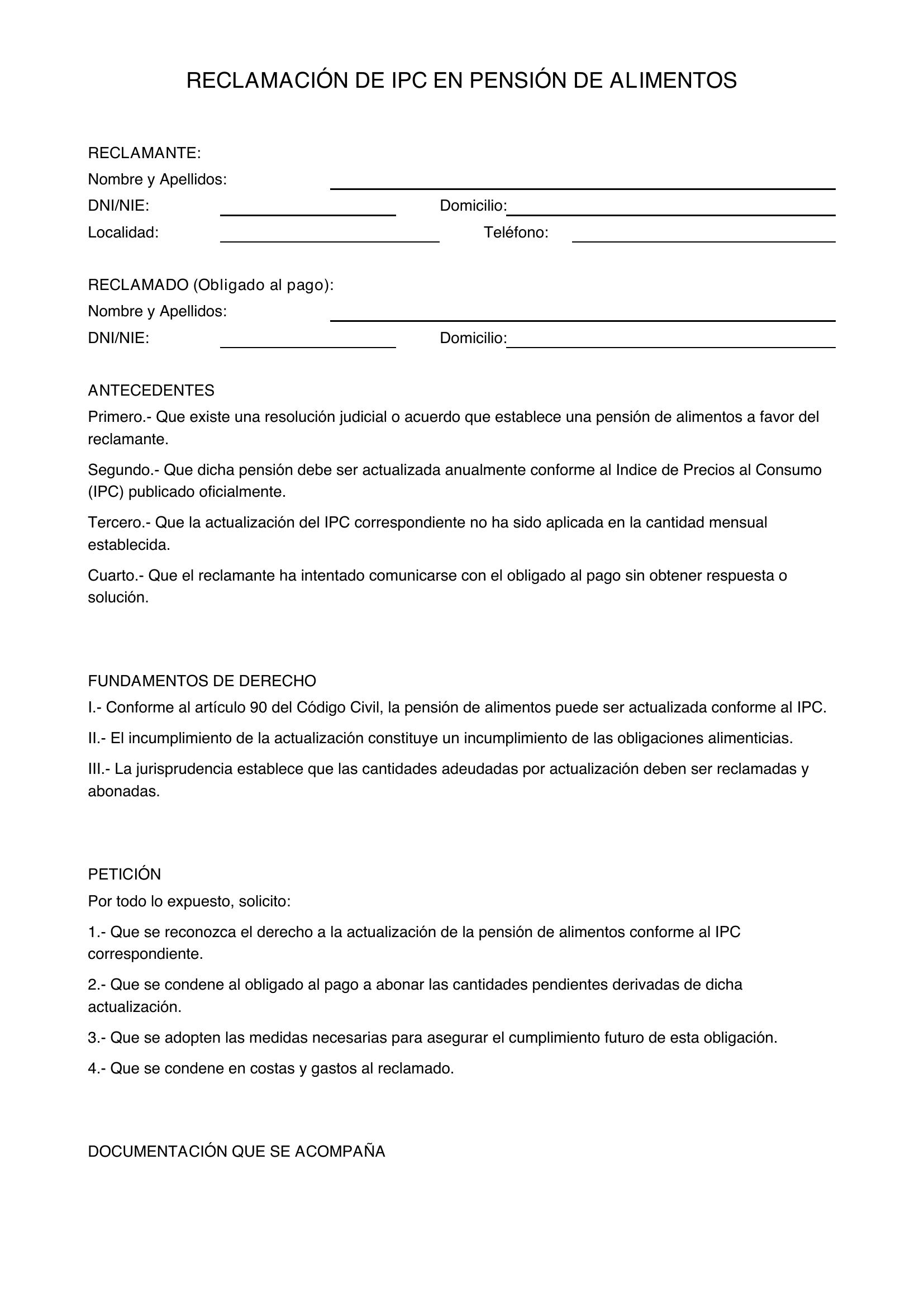 Modelo Reclamación Ipc Pensión Alimentos