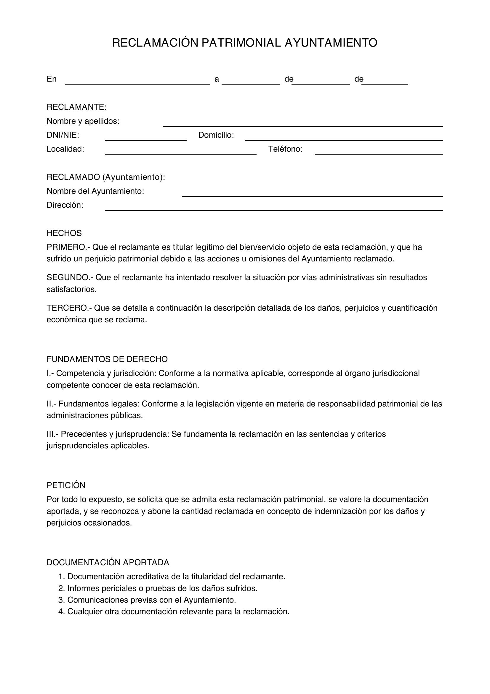 Modelo Reclamación Patrimonial Ayuntamiento
