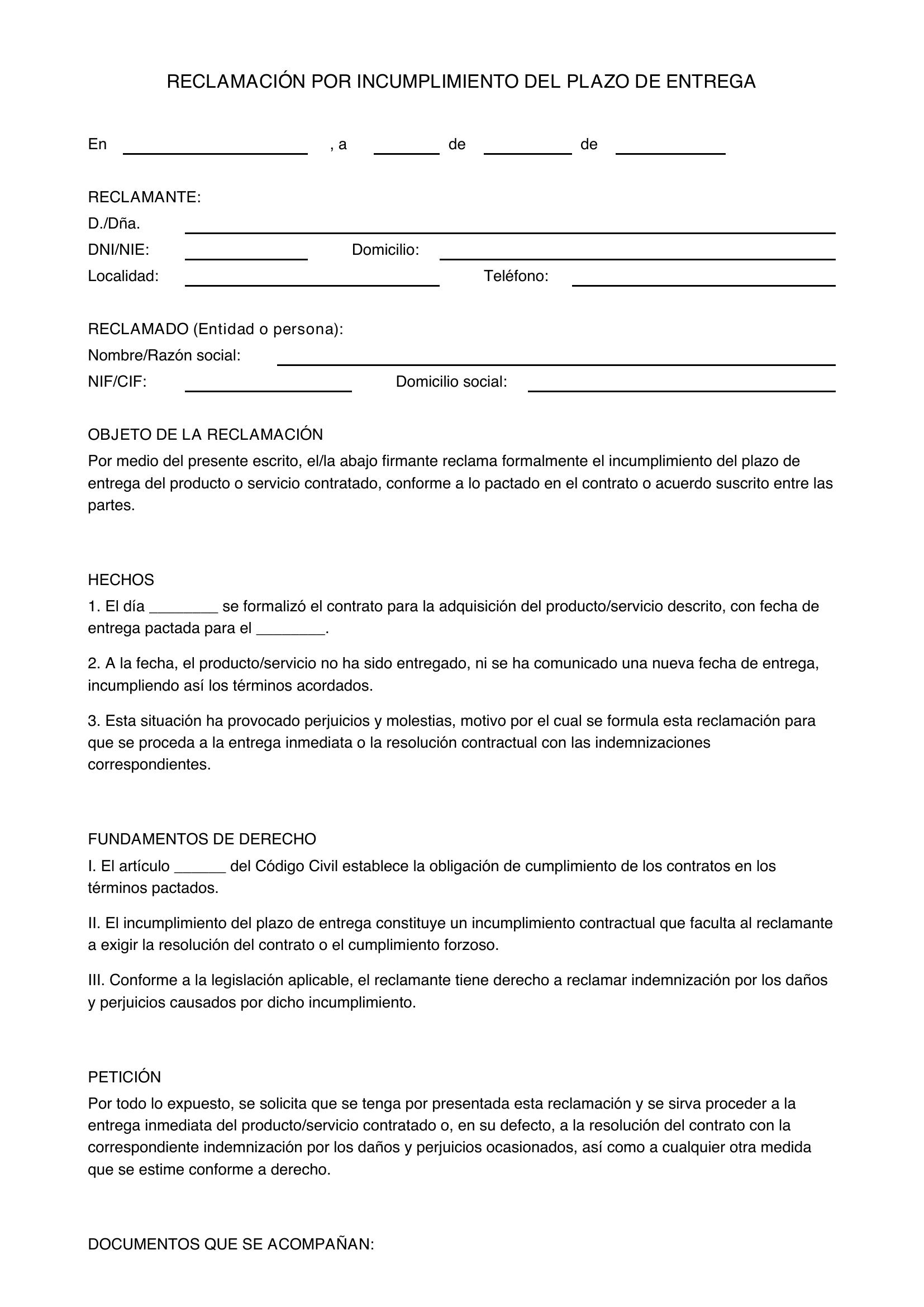 Modelo Reclamación Por Incumplimiento Plazo Entrega