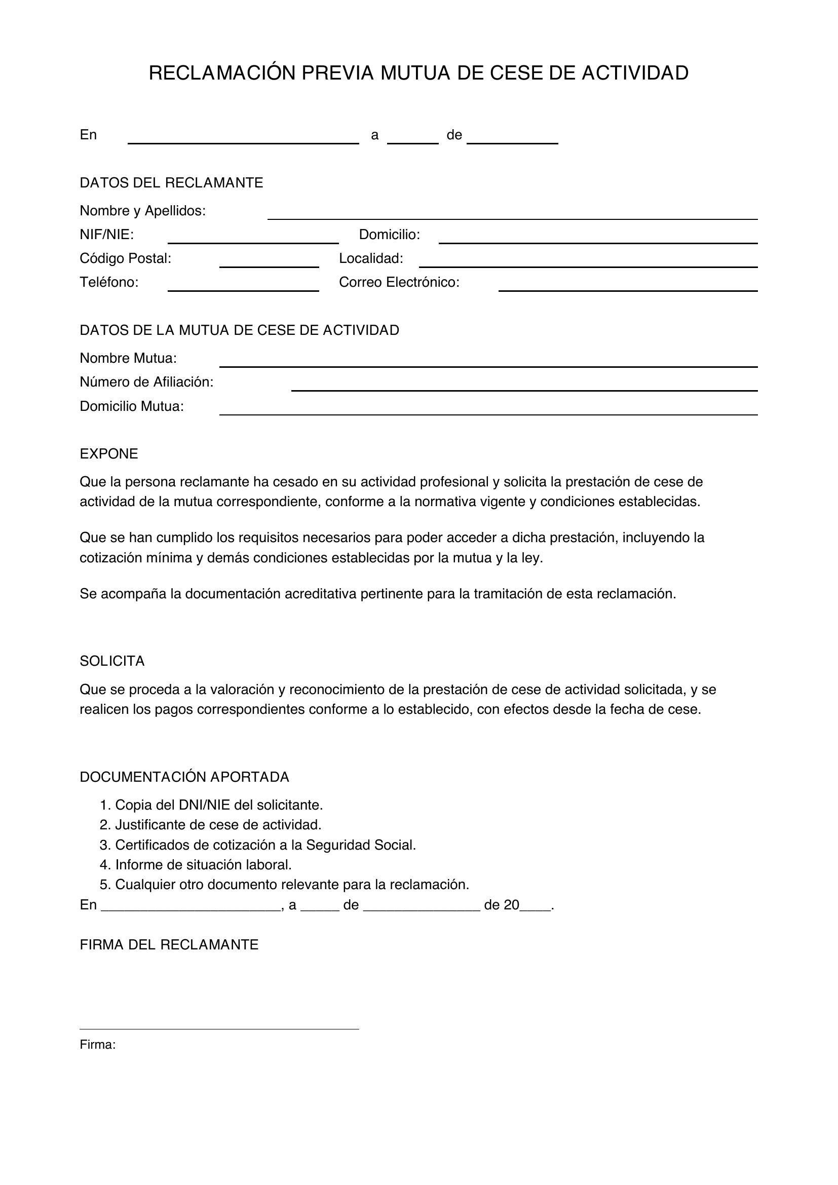 Modelo Reclamación Previa Mutua Cese Actividad
