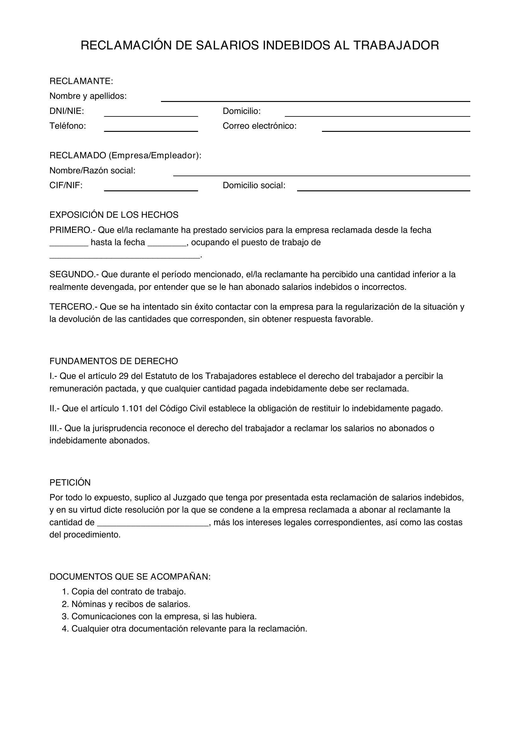Modelo Reclamación Salarios Indebidos Al Trabajador