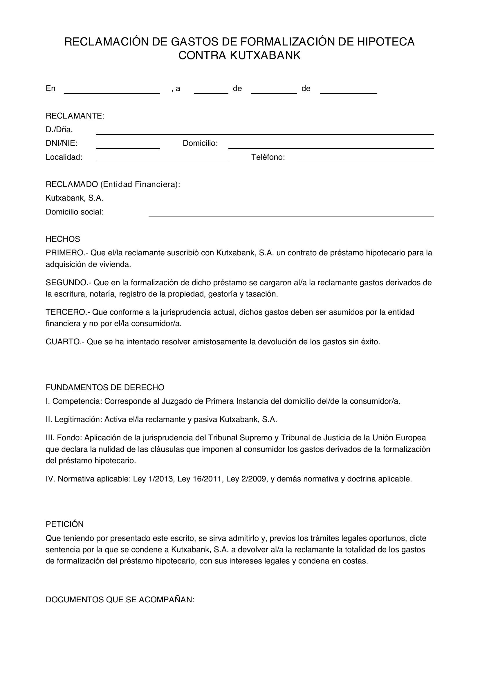 Reclamar Gastos Hipoteca Kutxabank Modelo